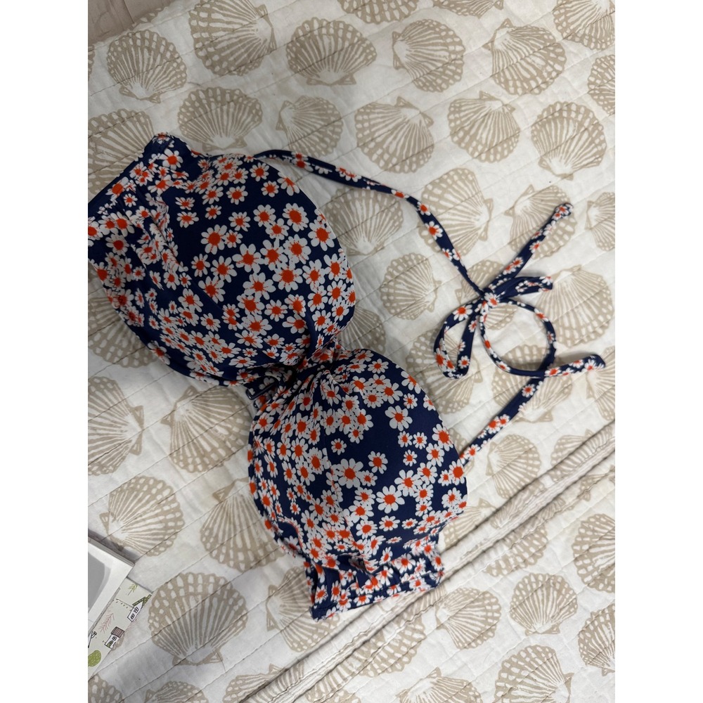 Old Navy Womens Navy Blue Orange Daisy Floral Bandeau Halter Bikini Top Medium